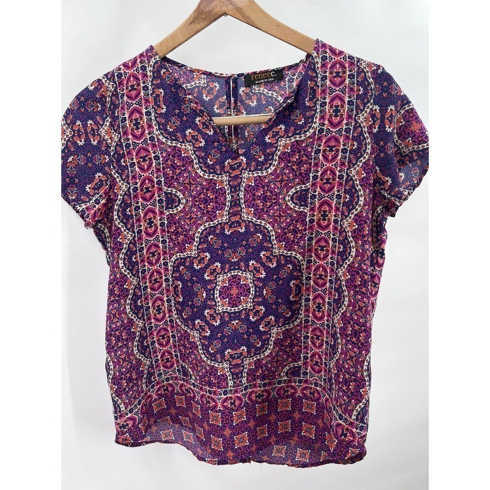 Reene C Multicolor Short Sleeve Flora Print Blouse Top Size S Small
